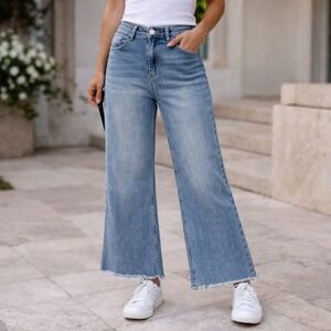 Risen Womens Wide Leg Jeans Size 30 High Rise Raw Hem Cropped Denim